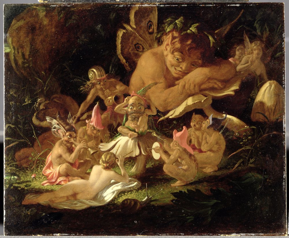 パックと妖精、「真夏の夜の夢」、1850年頃（ミルボードに油彩）